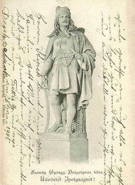 Szondi György szobrának ábrázolása egy ipolysági képeslapon (Kép forrása: internet) Szondi-szobor története